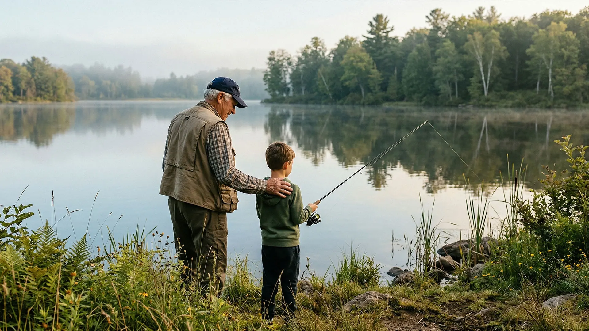 Senior man fishing with his grandson